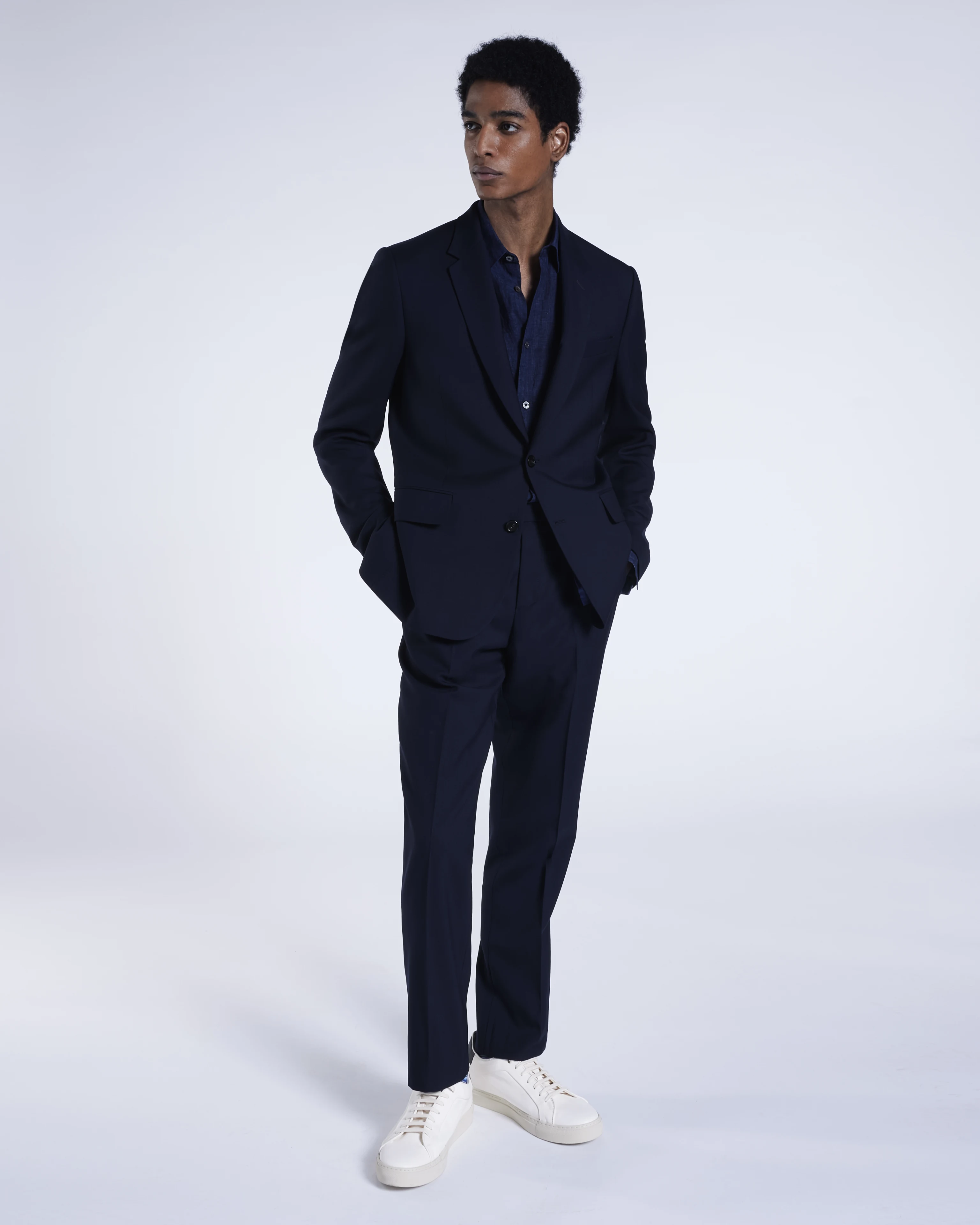 Navy suit white best sale trainers
